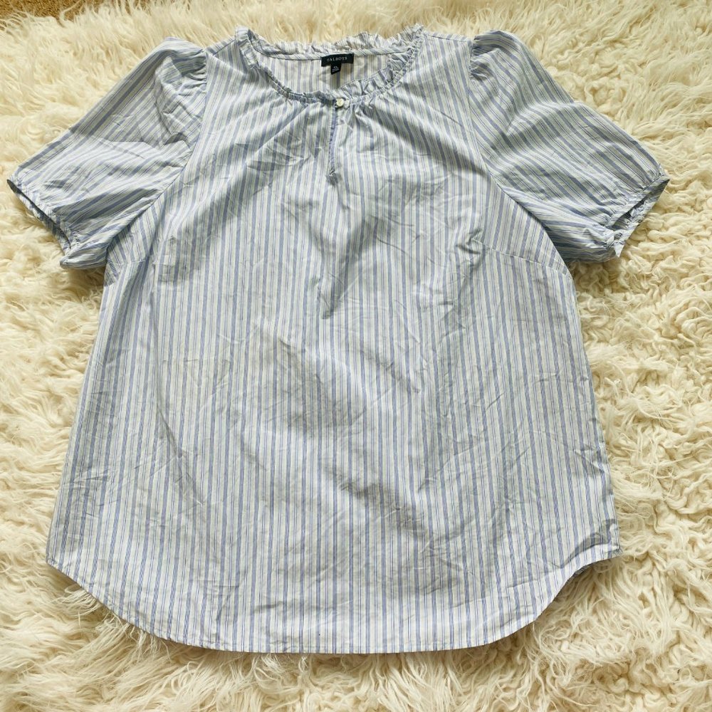 Talbots White and Blue Boxy Blouse with Mandarin Collar